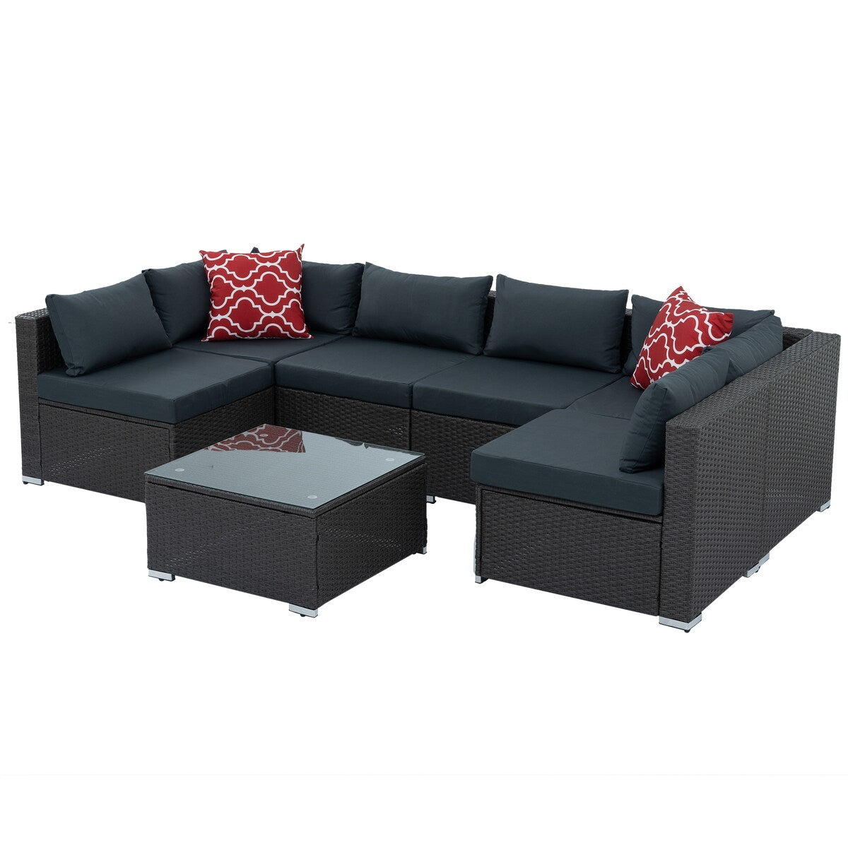 Outdoor 7-Set Combination Sofa Furniture with Coffee Table, Patio PE Wicker Conversation Couch Sets for Garden, Dark Grey