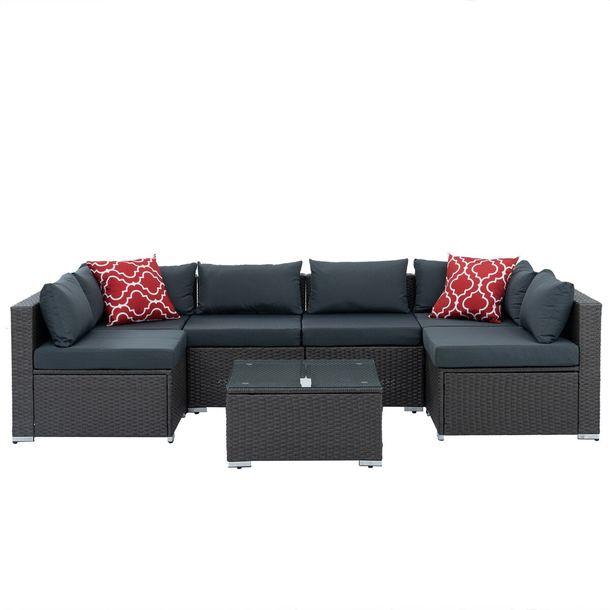 Outdoor 7-Set Combination Sofa Furniture with Coffee Table, Patio PE Wicker Conversation Couch Sets for Garden, Dark Grey