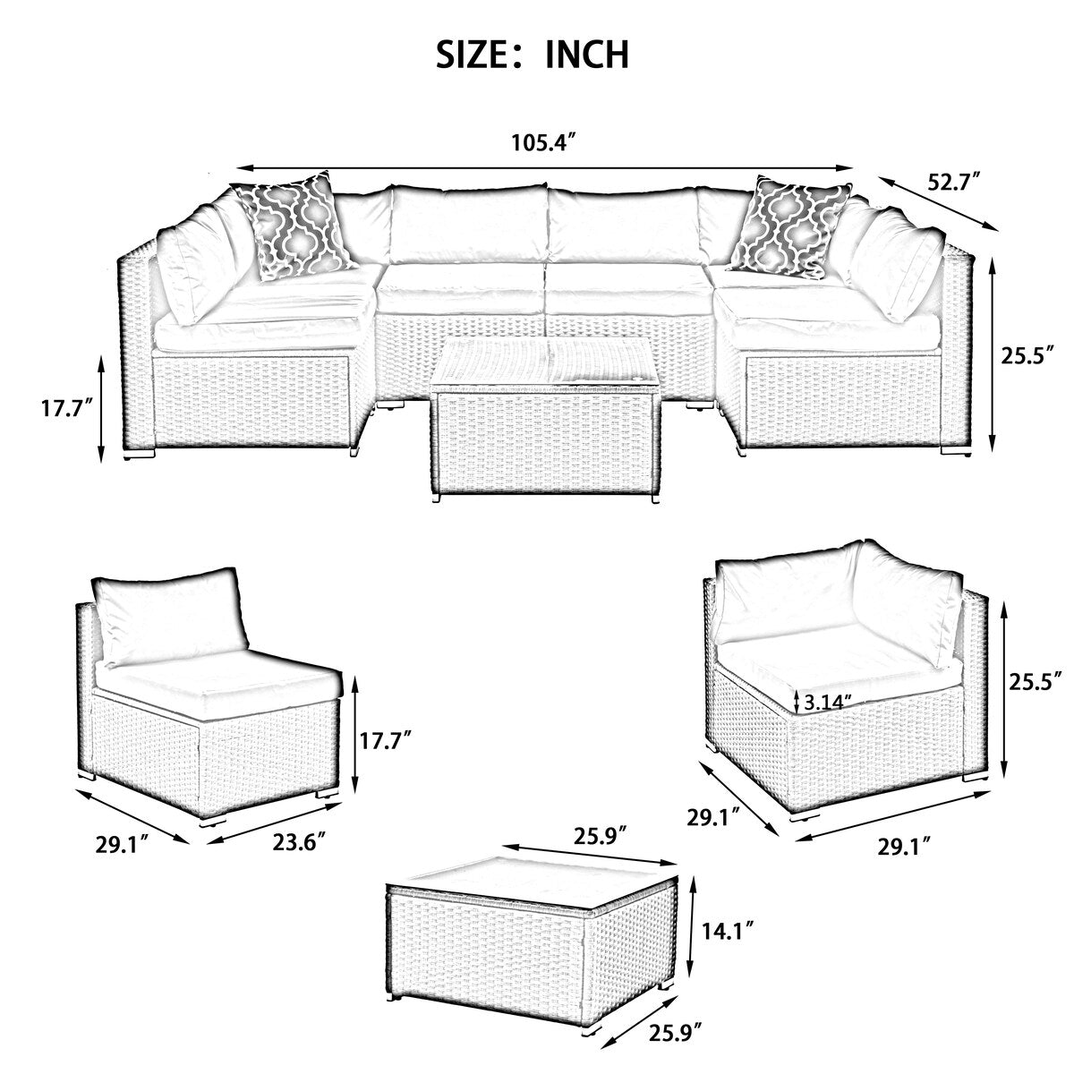 Outdoor 7-Set Combination Sofa Furniture with Coffee Table, Patio PE Wicker Conversation Couch Sets for Garden, Dark Grey