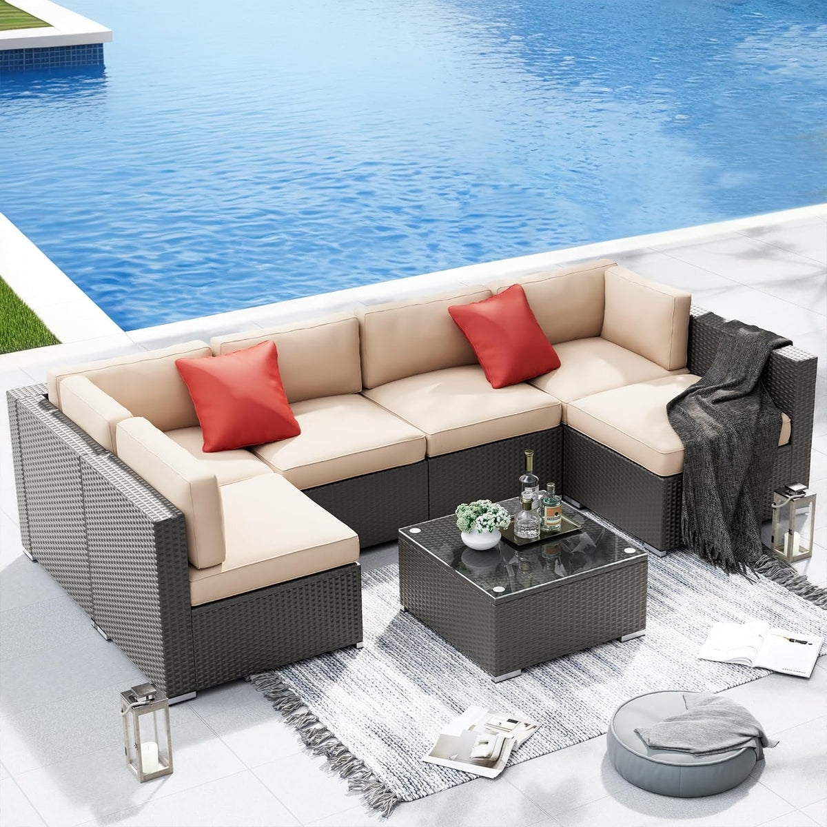 7-piece Outdoor Patio Black Wicker Rattan Cushioned Sectional Sofa Con