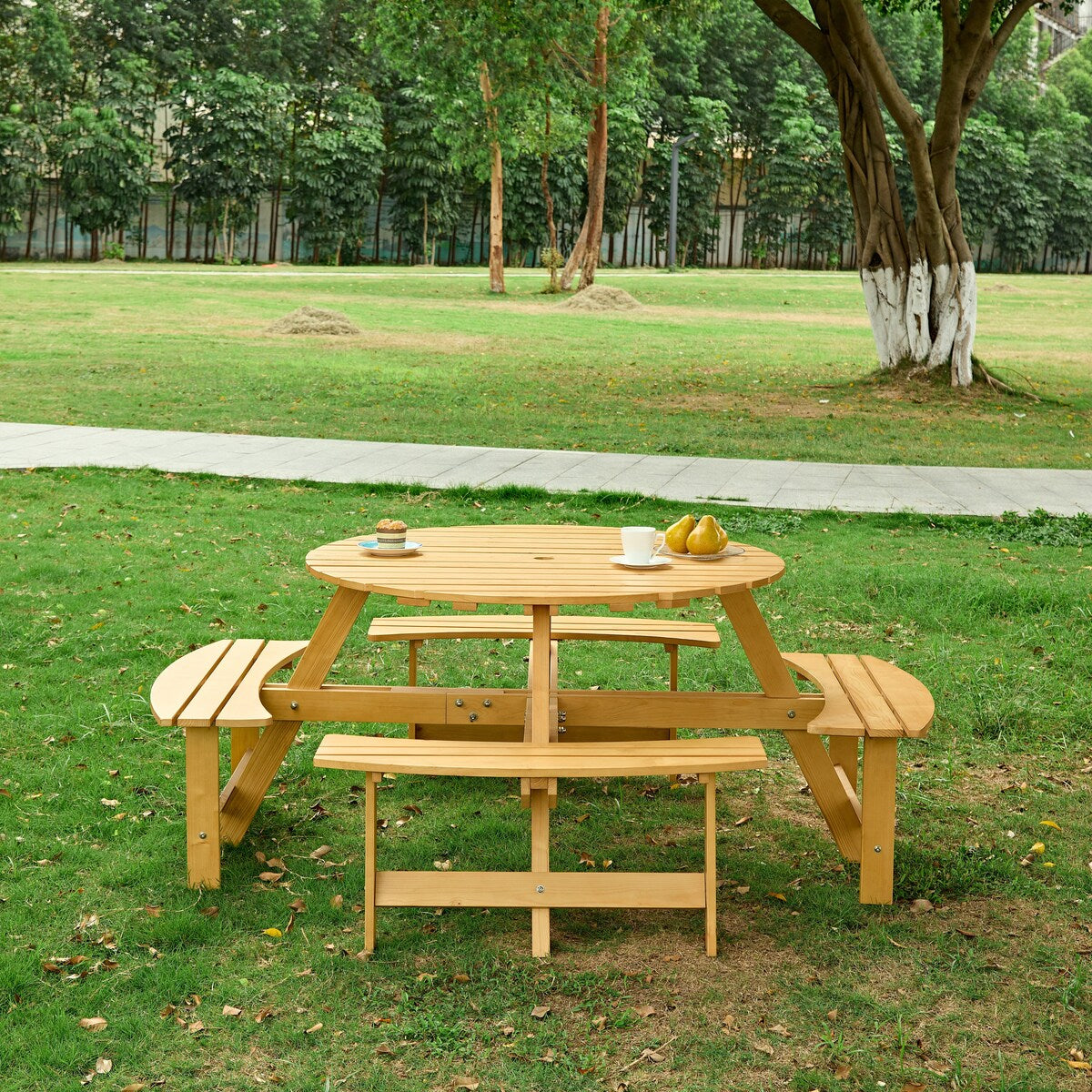 Outdoor 8 Person Picnic Table, 8 person Round Picnic Table with 4 Built-in Benches, Umbrella Hole for Garden