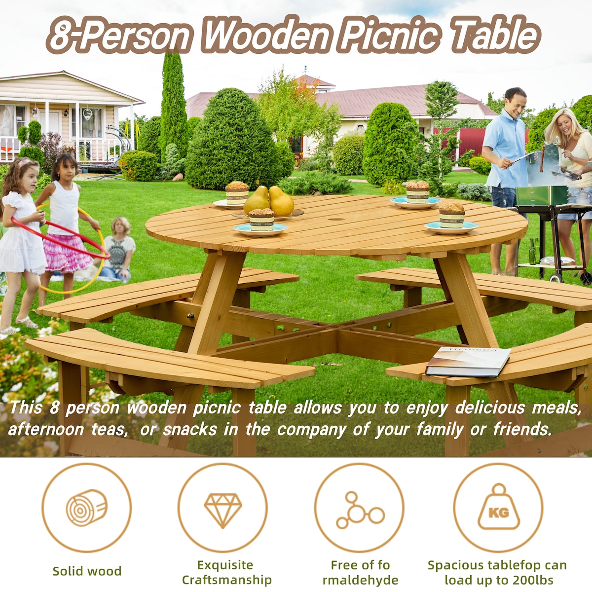Outdoor 8 Person Picnic Table, 8 person Round Picnic Table with 4 Built-in Benches, Umbrella Hole for Garden