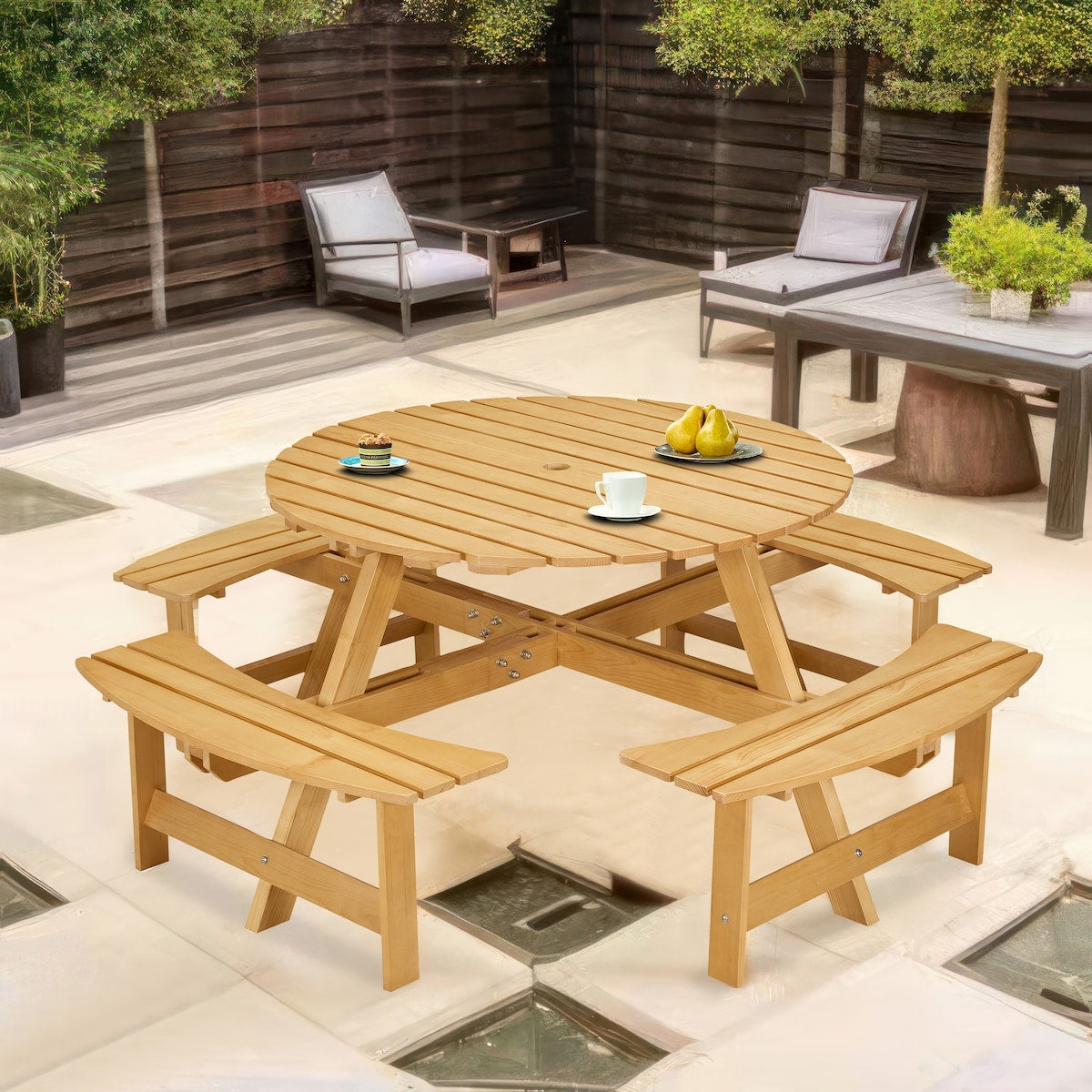Outdoor 8 Person Picnic Table, 8 person Round Picnic Table with 4 Built-in Benches, Umbrella Hole for Garden