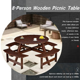 Outdoor 8 Person Picnic Table, 8 person Round Picnic Table with 4 Built-in Benches, Umbrella Hole for Garden