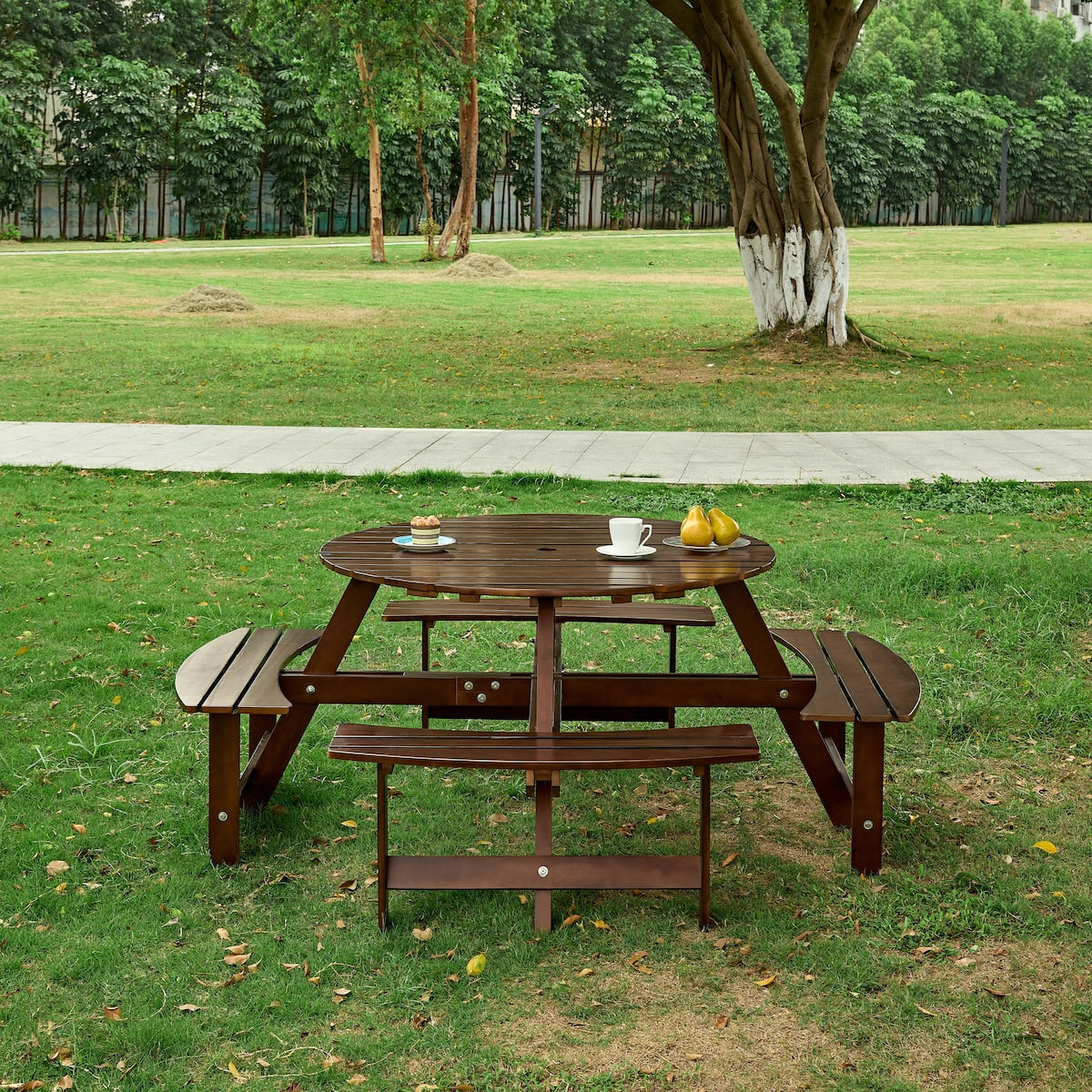 Outdoor 8 Person Picnic Table, 8 person Round Picnic Table with 4 Built-in Benches, Umbrella Hole for Garden