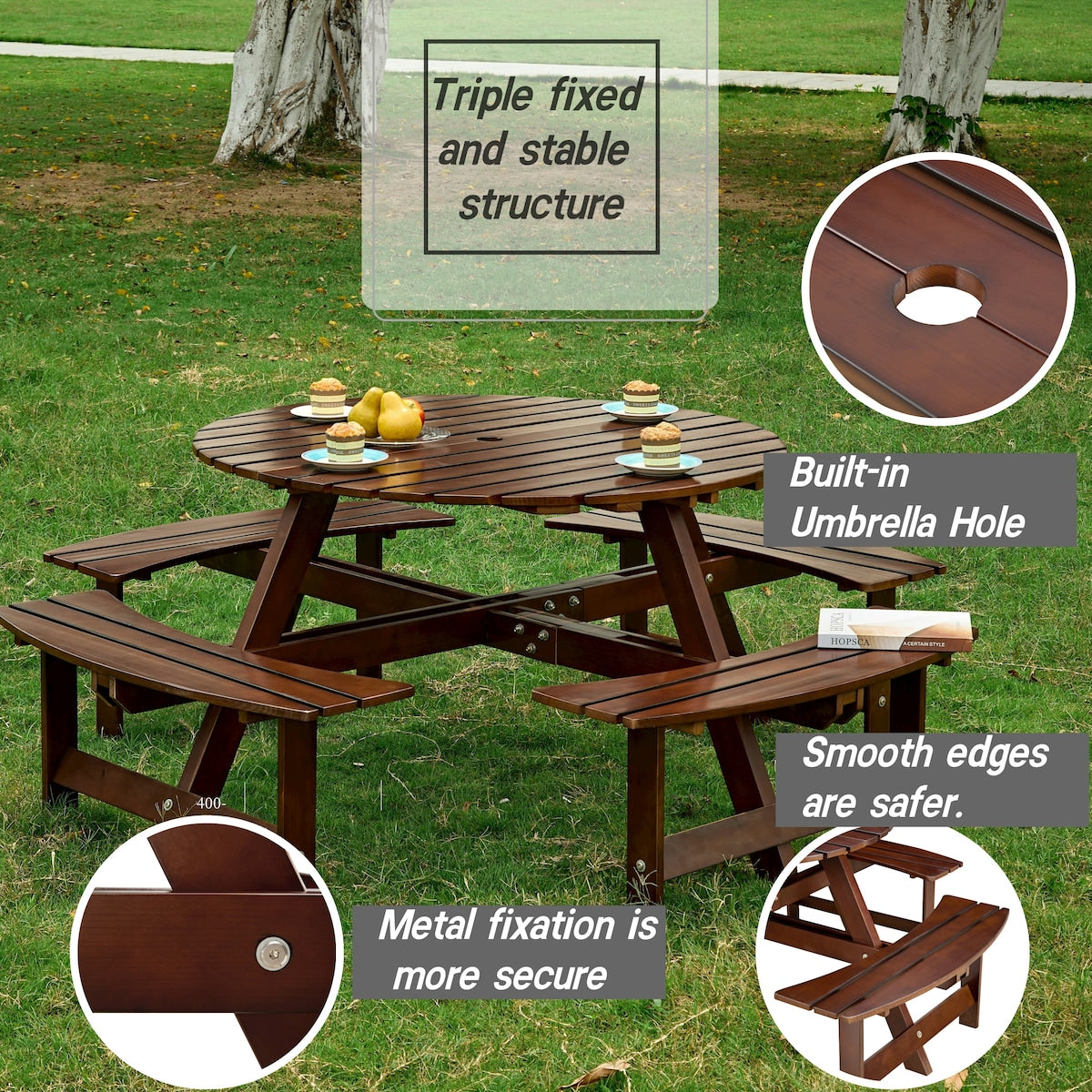 Outdoor 8 Person Picnic Table, 8 person Round Picnic Table with 4 Built-in Benches, Umbrella Hole for Garden