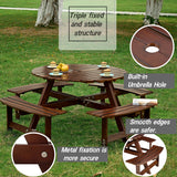Outdoor 8 Person Picnic Table, 8 person Round Picnic Table with 4 Built-in Benches, Umbrella Hole for Garden