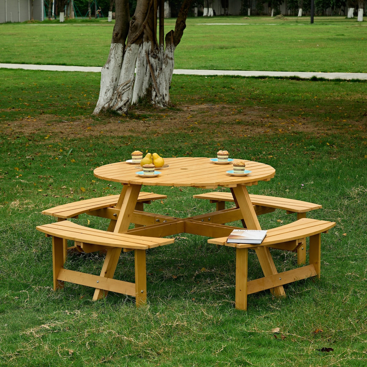 Outdoor 8 Person Picnic Table, 8 person Round Picnic Table with 4 Built-in Benches, Umbrella Hole for Garden