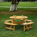 Outdoor 8 Person Picnic Table, 8 person Round Picnic Table with 4 Built-in Benches, Umbrella Hole for Garden