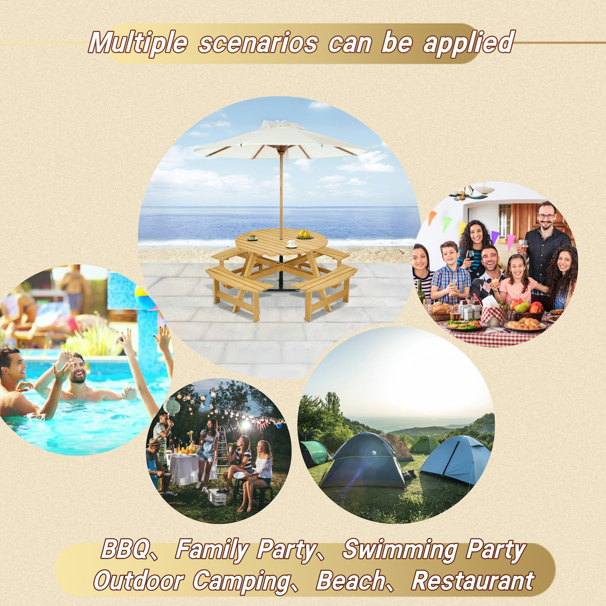 Outdoor 8 Person Picnic Table, 8 person Round Picnic Table with 4 Built-in Benches, Umbrella Hole for Garden