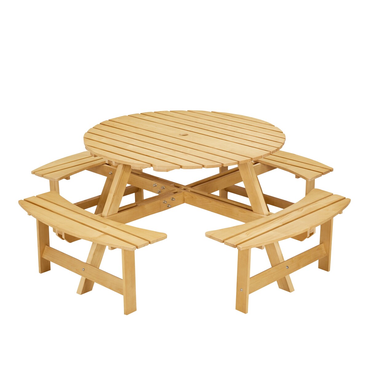 Outdoor 8 Person Picnic Table, 8 person Round Picnic Table with 4 Built-in Benches, Umbrella Hole for Garden