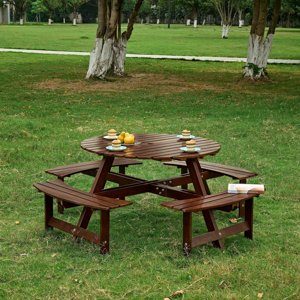 Outdoor 8 Person Picnic Table, 8 person Round Picnic Table with 4 Built-in Benches, Umbrella Hole for Garden