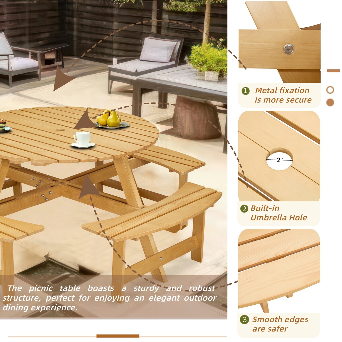 Outdoor 8 Person Picnic Table, 8 person Round Picnic Table with 4 Built-in Benches, Umbrella Hole for Garden