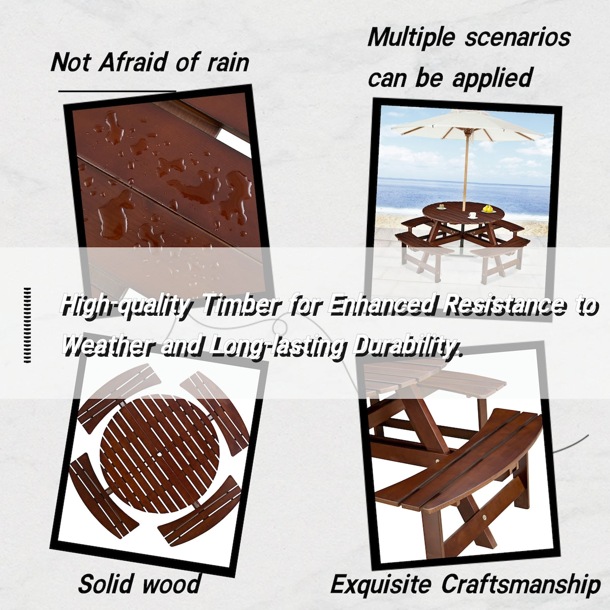 Outdoor 8 Person Picnic Table, 8 person Round Picnic Table with 4 Built-in Benches, Umbrella Hole for Garden