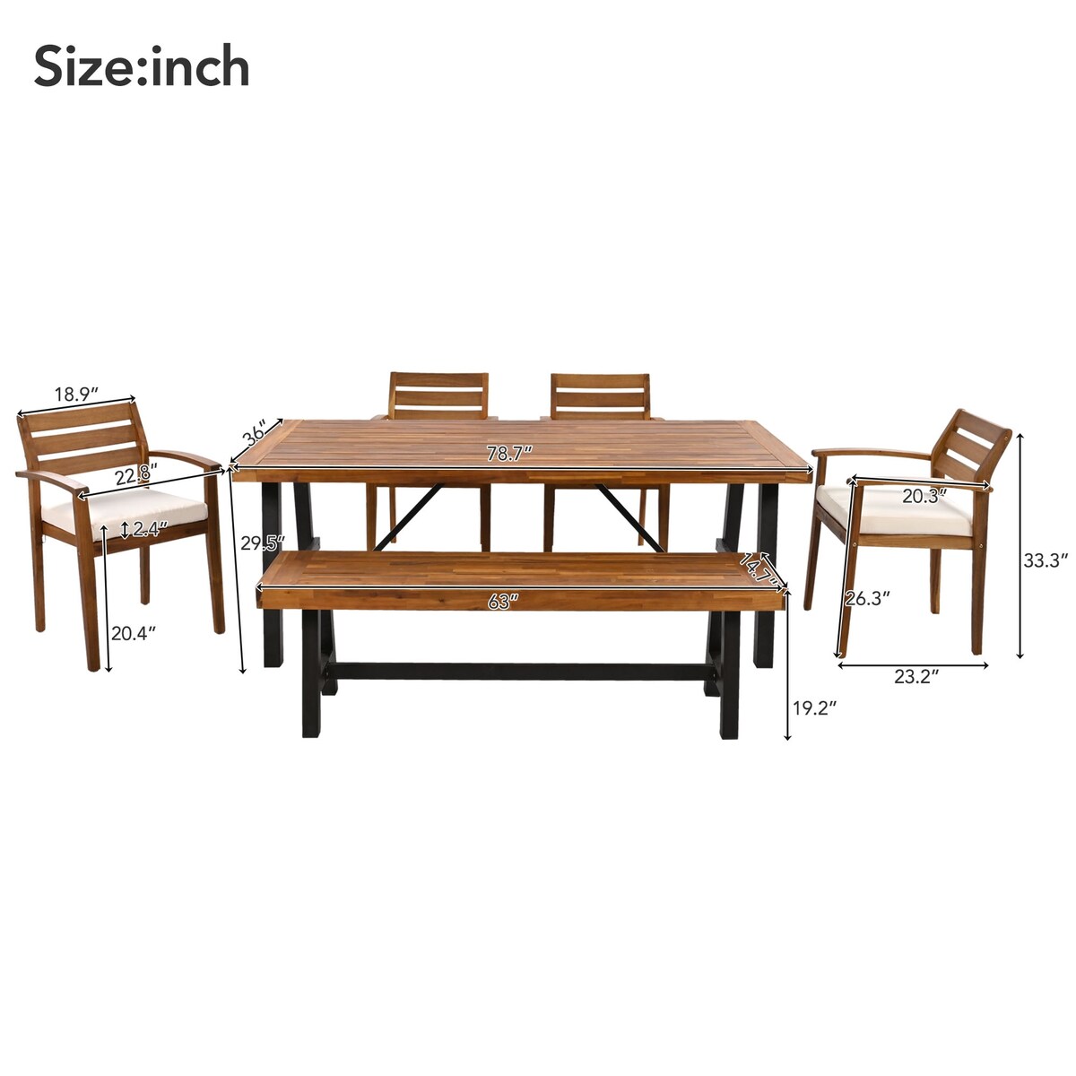 Outdoor Acacia Wood 6-Pieces Wood Dining Table Set w/ 4 Chairs & Bench