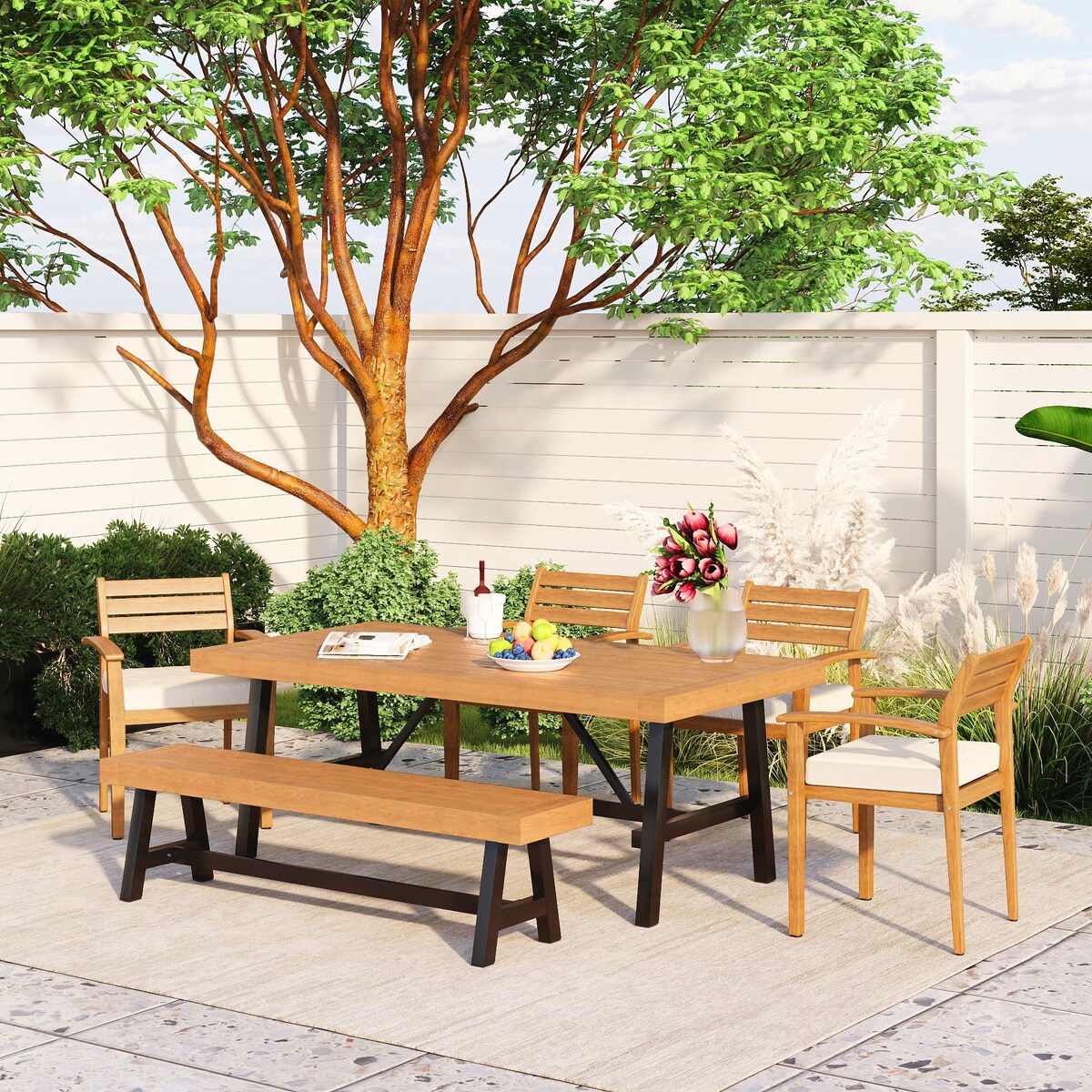 Outdoor Acacia Wood 6-Pieces Wood Dining Table Set w/ 4 Chairs & Bench