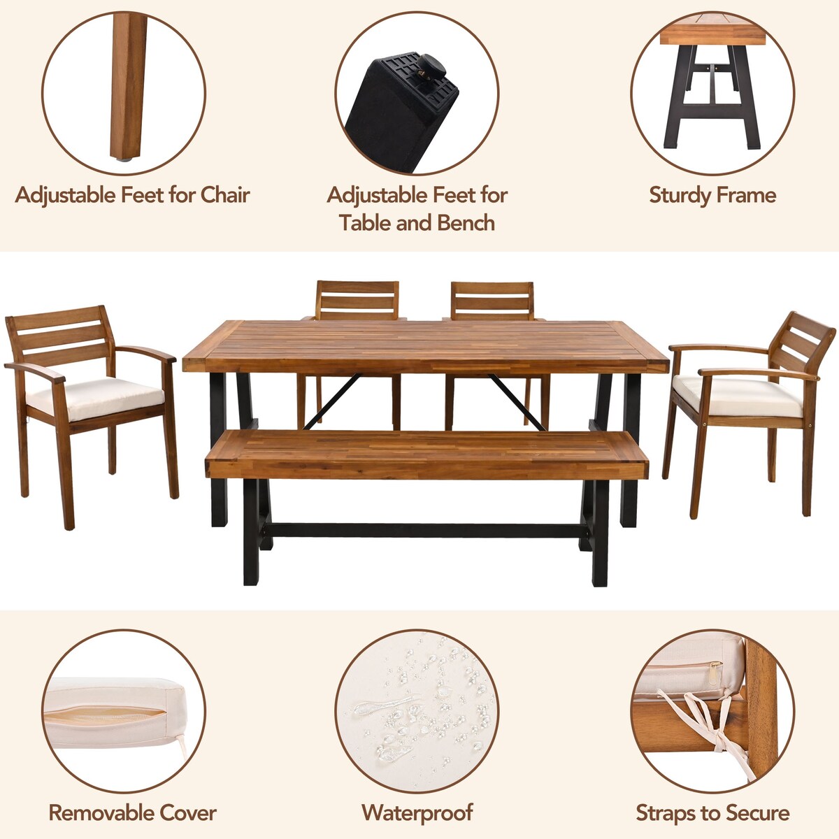 Outdoor Acacia Wood 6-Pieces Wood Dining Table Set w/ 4 Chairs & Bench