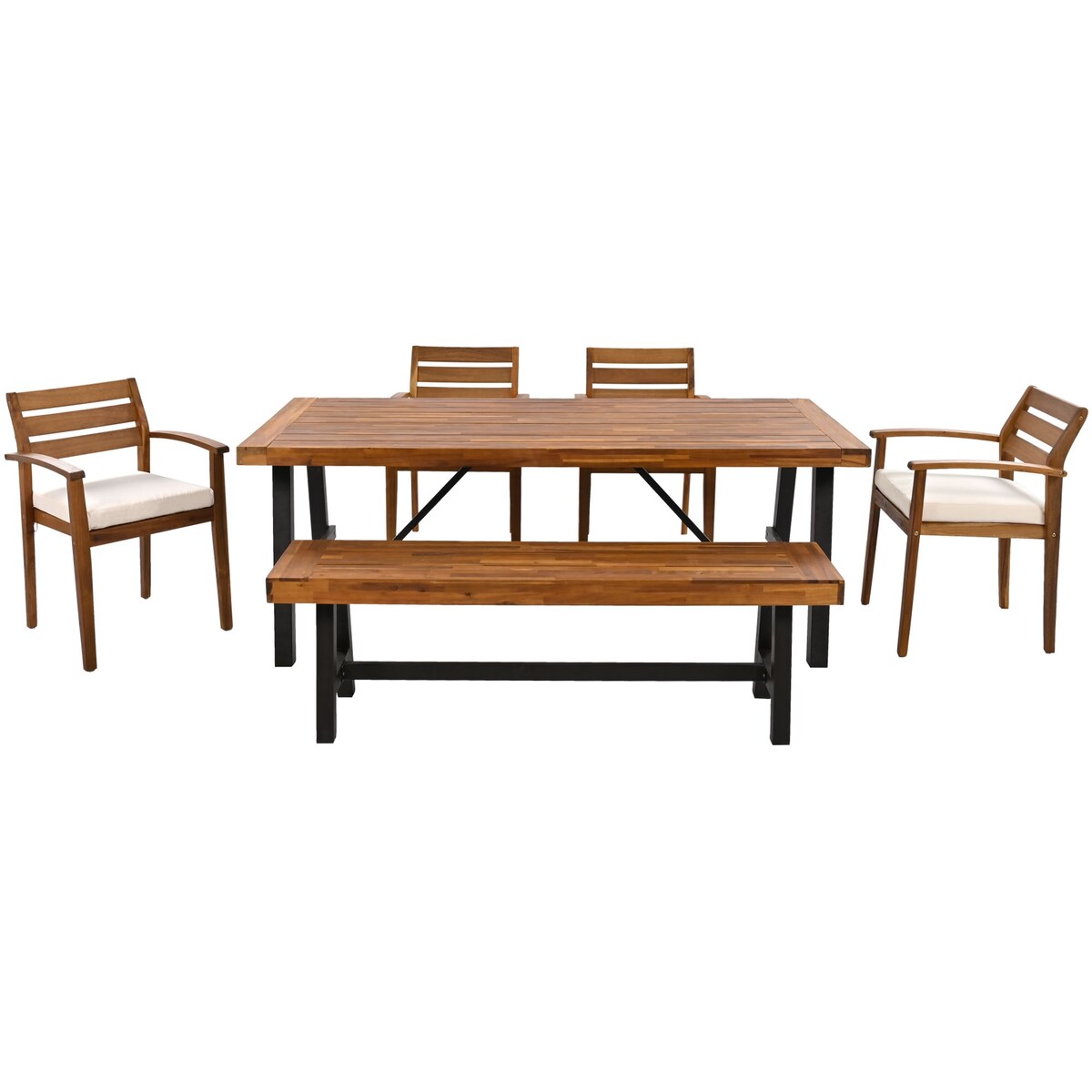 Outdoor Acacia Wood 6-Pieces Wood Dining Table Set w/ 4 Chairs & Bench