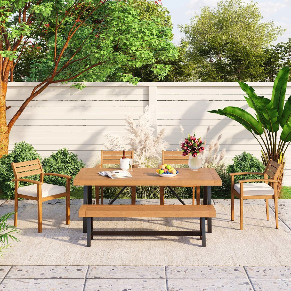 Outdoor Acacia Wood 6-Pieces Wood Dining Table Set w/ 4 Chairs & Bench