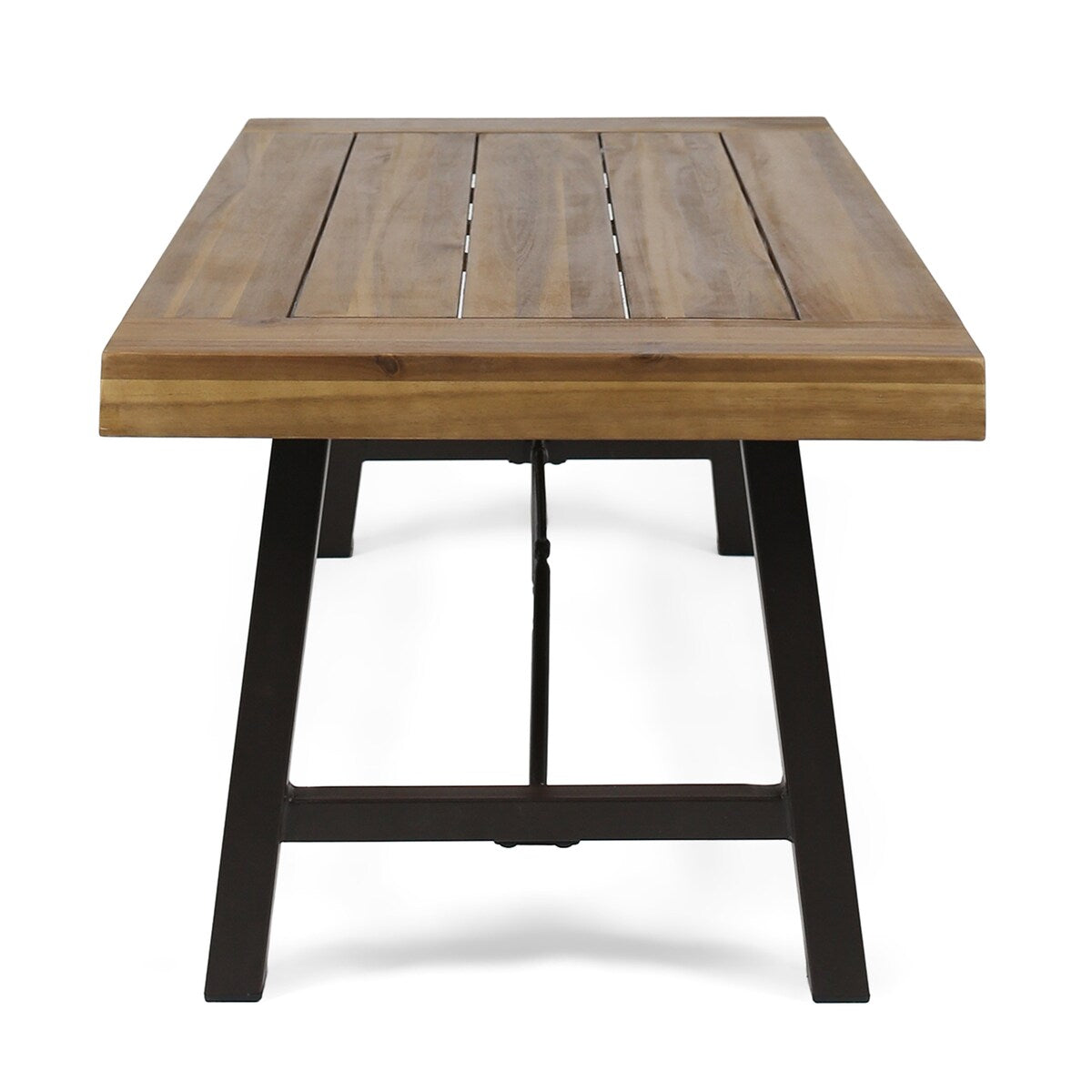Outdoor Acacia Wood Coffee Table, Teak Finish / Rustic Metal Brown and Black, 27.25"D x 45.75"W x 18"H