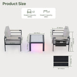 Outdoor 3-Piece Aluminum Patio Chat Set with Cushions LED Side Table and Movable Side Pocket for 2 Person