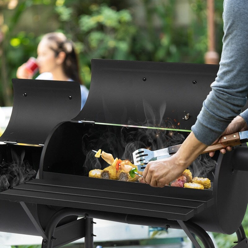 Outdoor Barrel Charcoal Grill with Offset Smoker