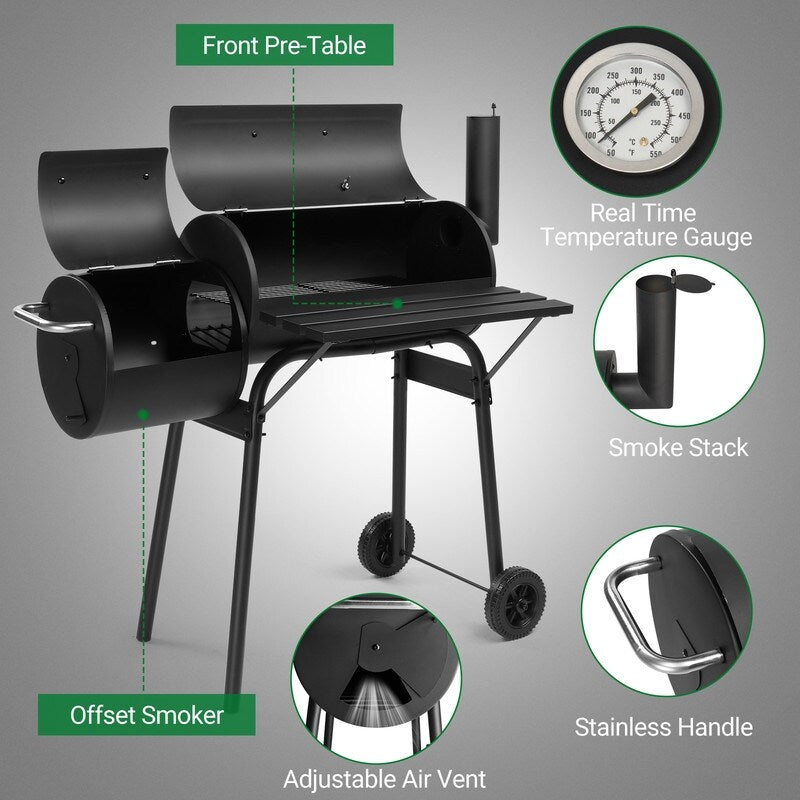 Outdoor Barrel Charcoal Grill with Offset Smoker