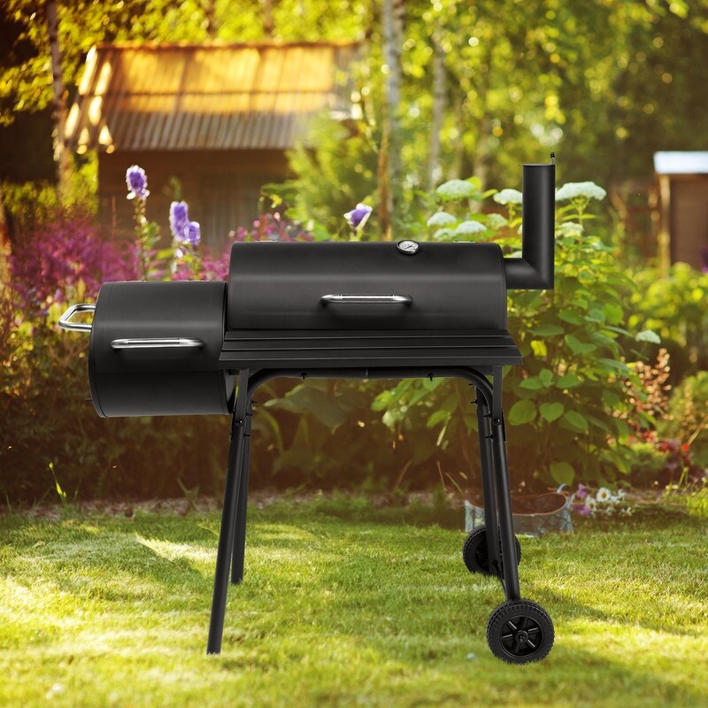 Outdoor Barrel Charcoal Grill with Offset Smoker