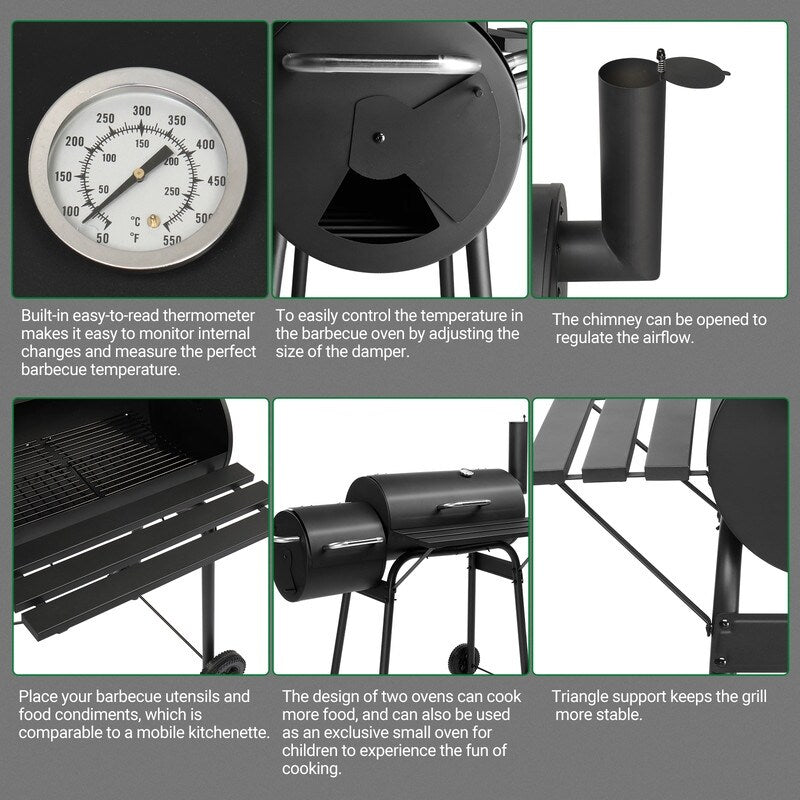 Outdoor Barrel Charcoal Grill with Offset Smoker