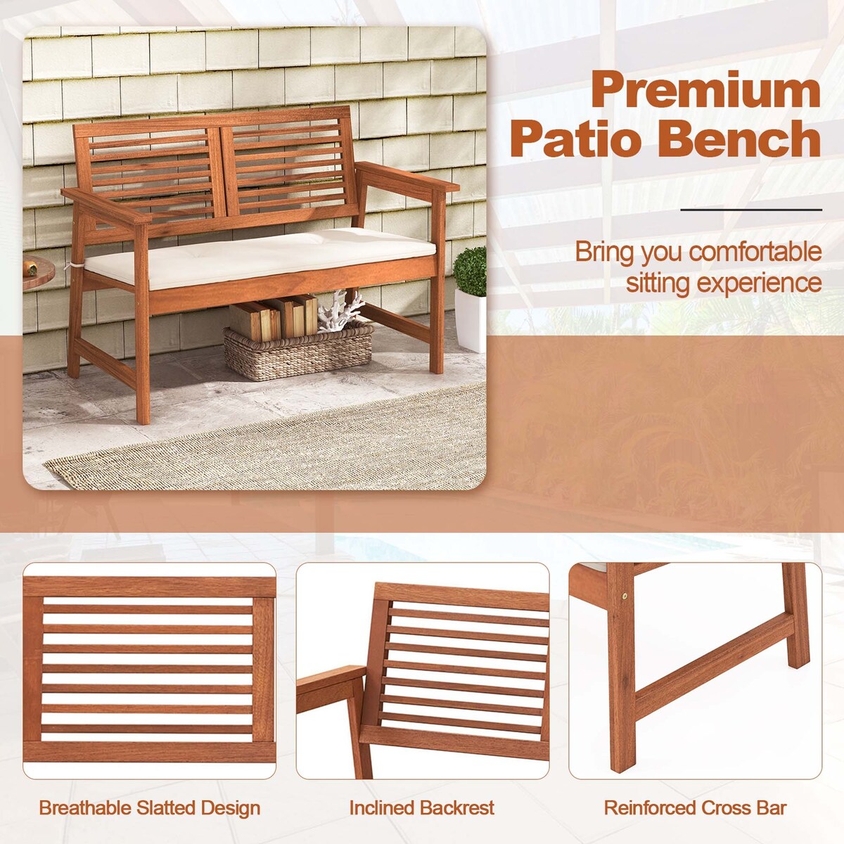 Outdoor Bench Patio Bench Conversation Loveseat w/ Slatted Back & Seat