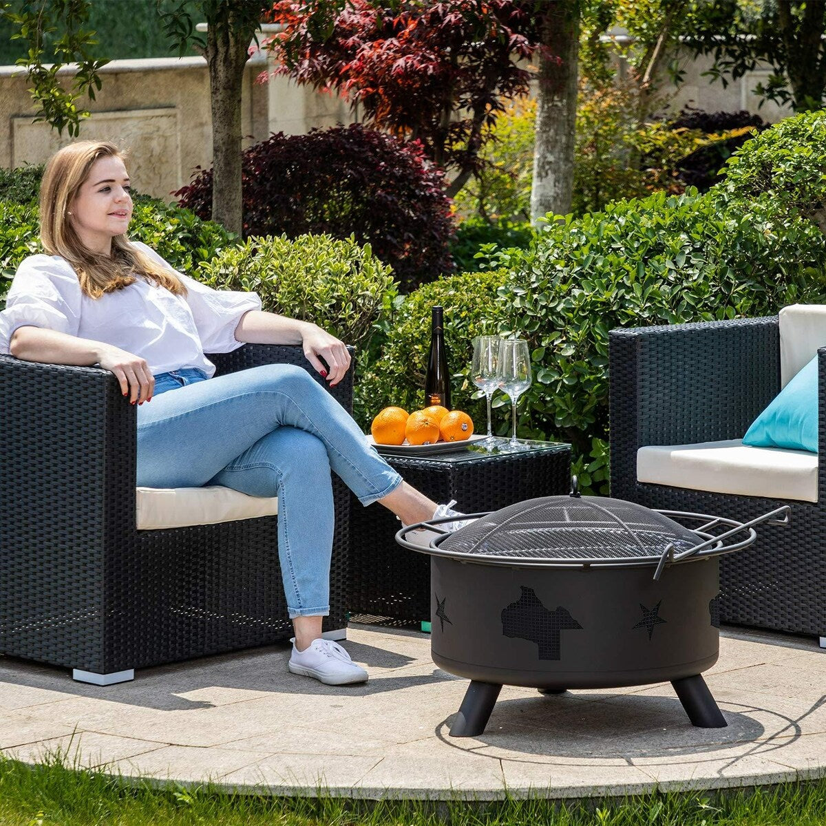 Outdoor Bonfire Burning Wood Grill Fire Pit with BBQ Cooking Grill