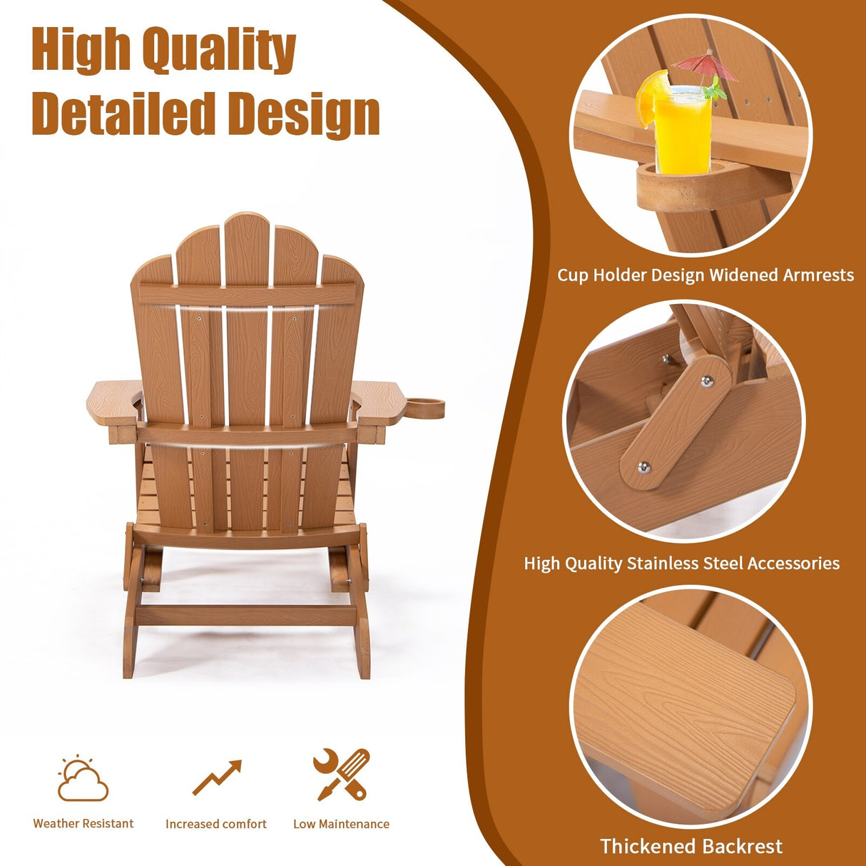 Outdoor Brown Folding Adirondack Chair with Cup Holder