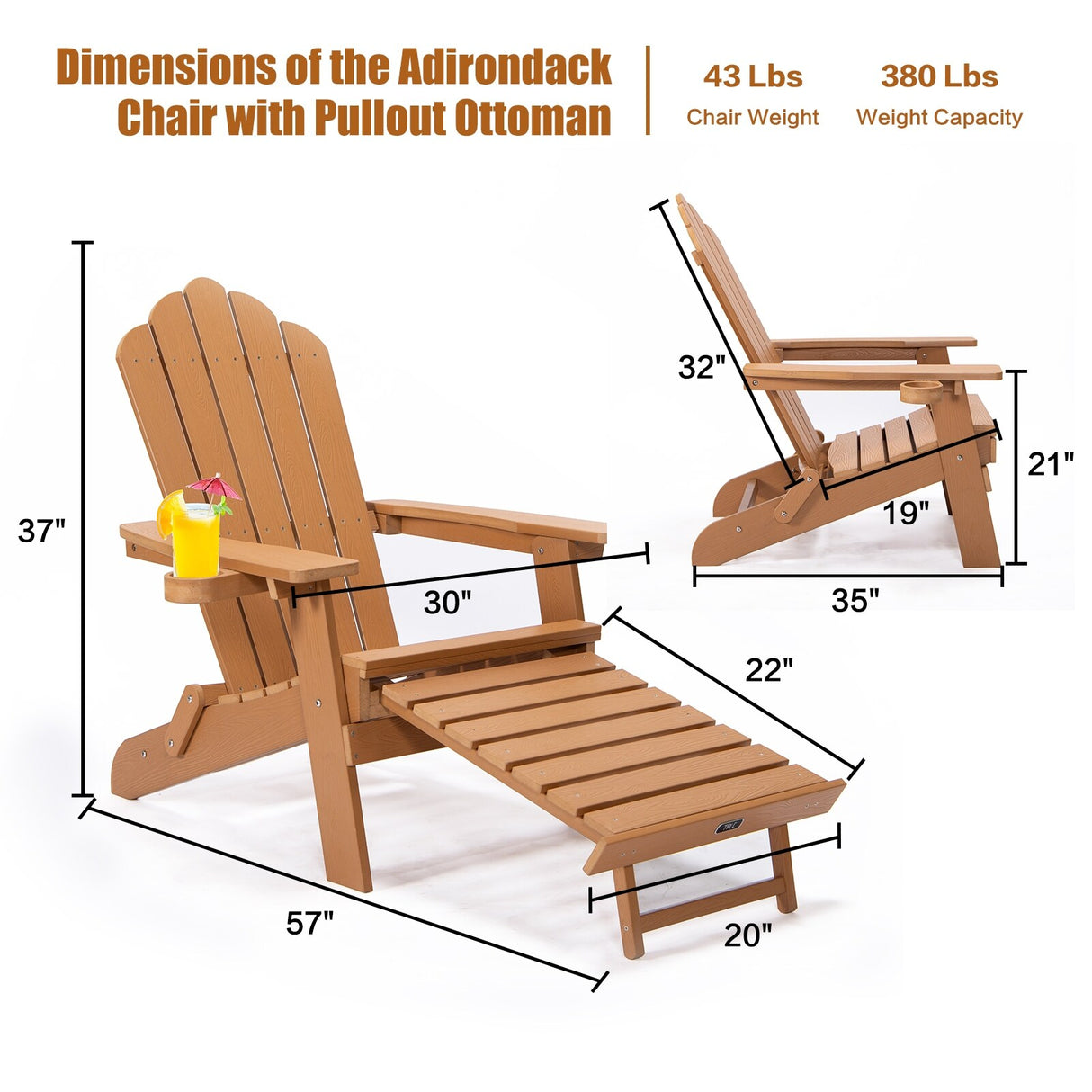 Outdoor Brown Folding Adirondack Chair with Cup Holder