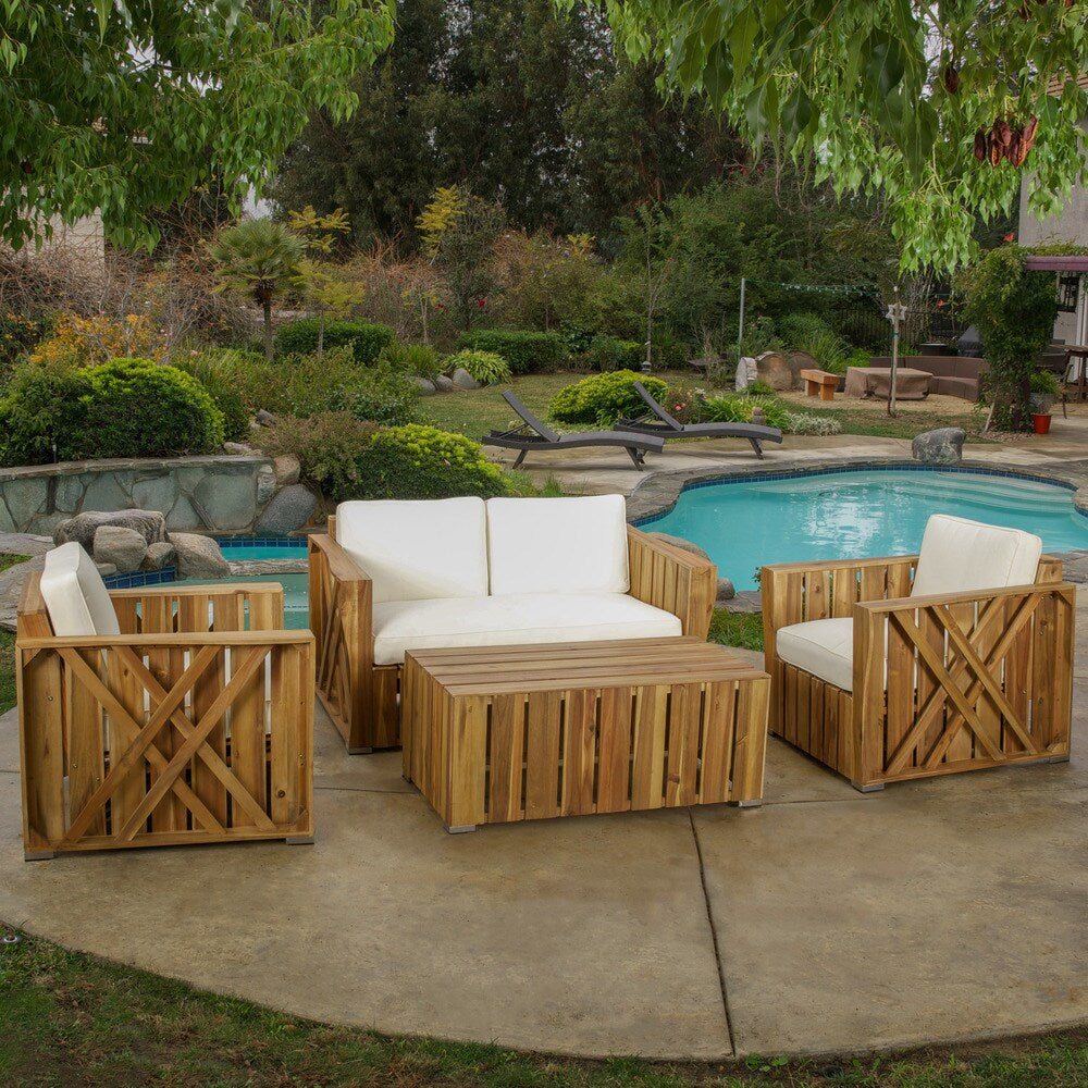 Cadence Acacia Wood Outdoor 4-piece Chat Set with Cushions by Christopher Knight Home