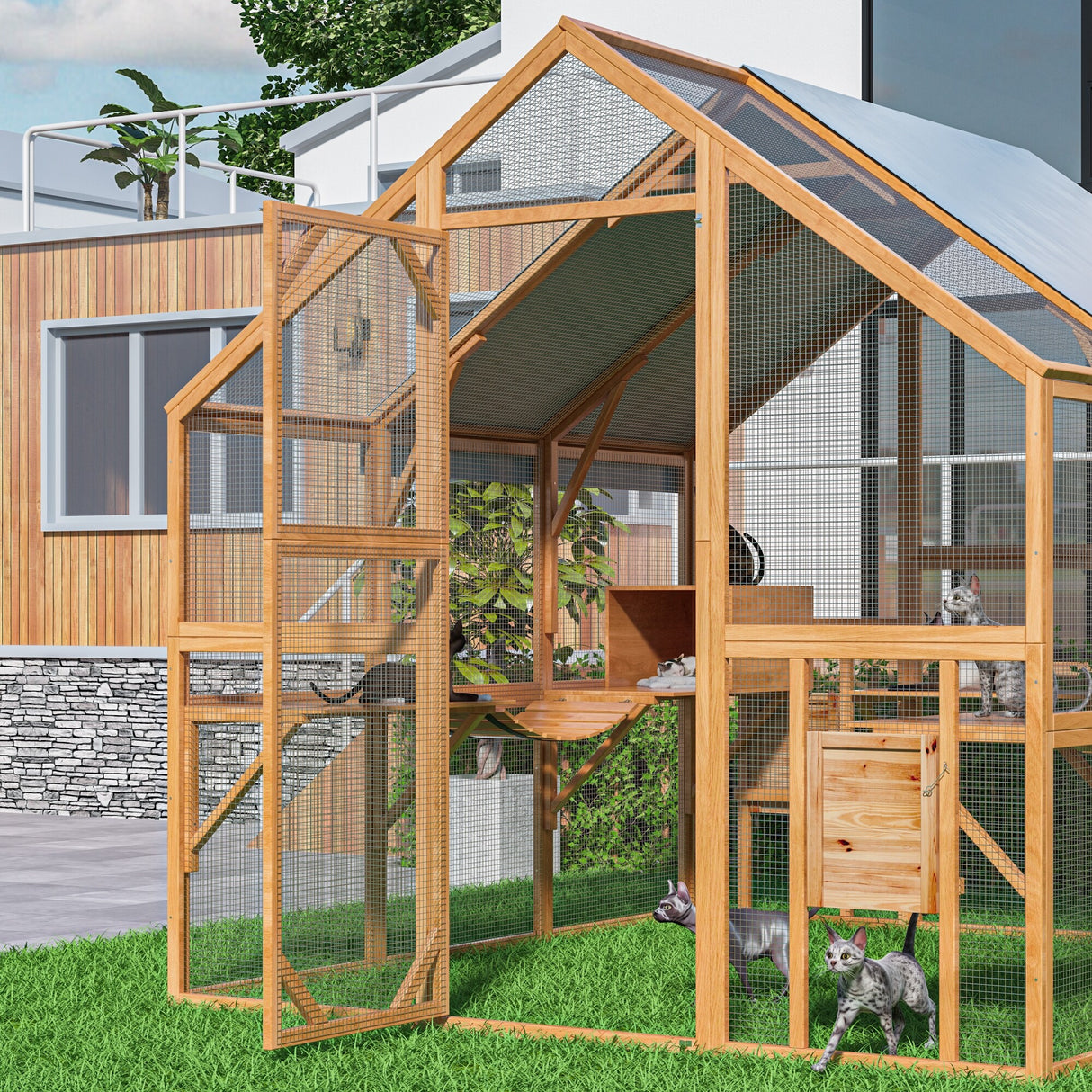 Outdoor Catio Cat House 74" H Large Cat Enclosures ,UV proof Cover