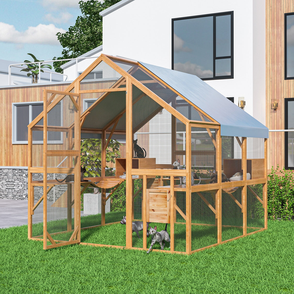 Outdoor Catio Cat House 74" H Large Cat Enclosures ,UV proof Cover