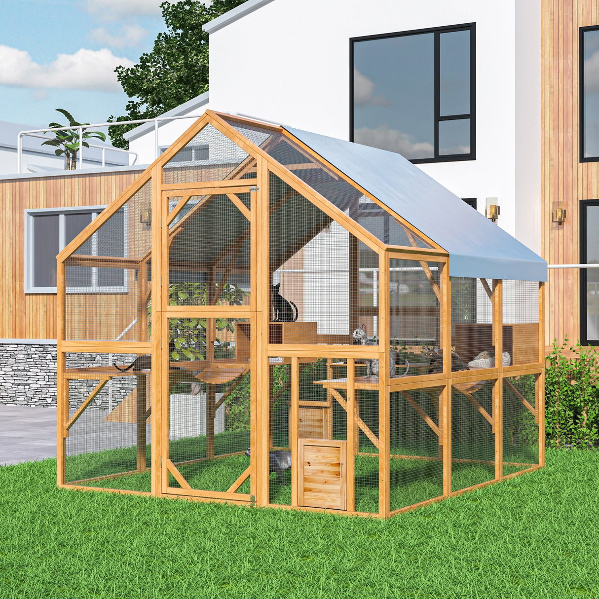Outdoor Catio Cat House 74" H Large Cat Enclosures ,UV proof Cover