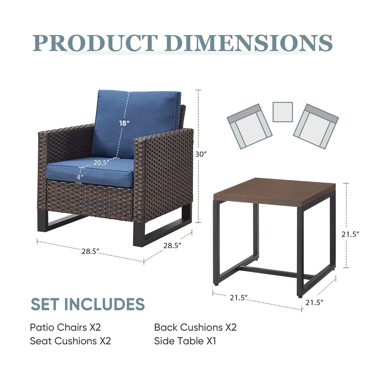 Outdoor Chair Patio Furniture Chairs - 3 Piece - Brown