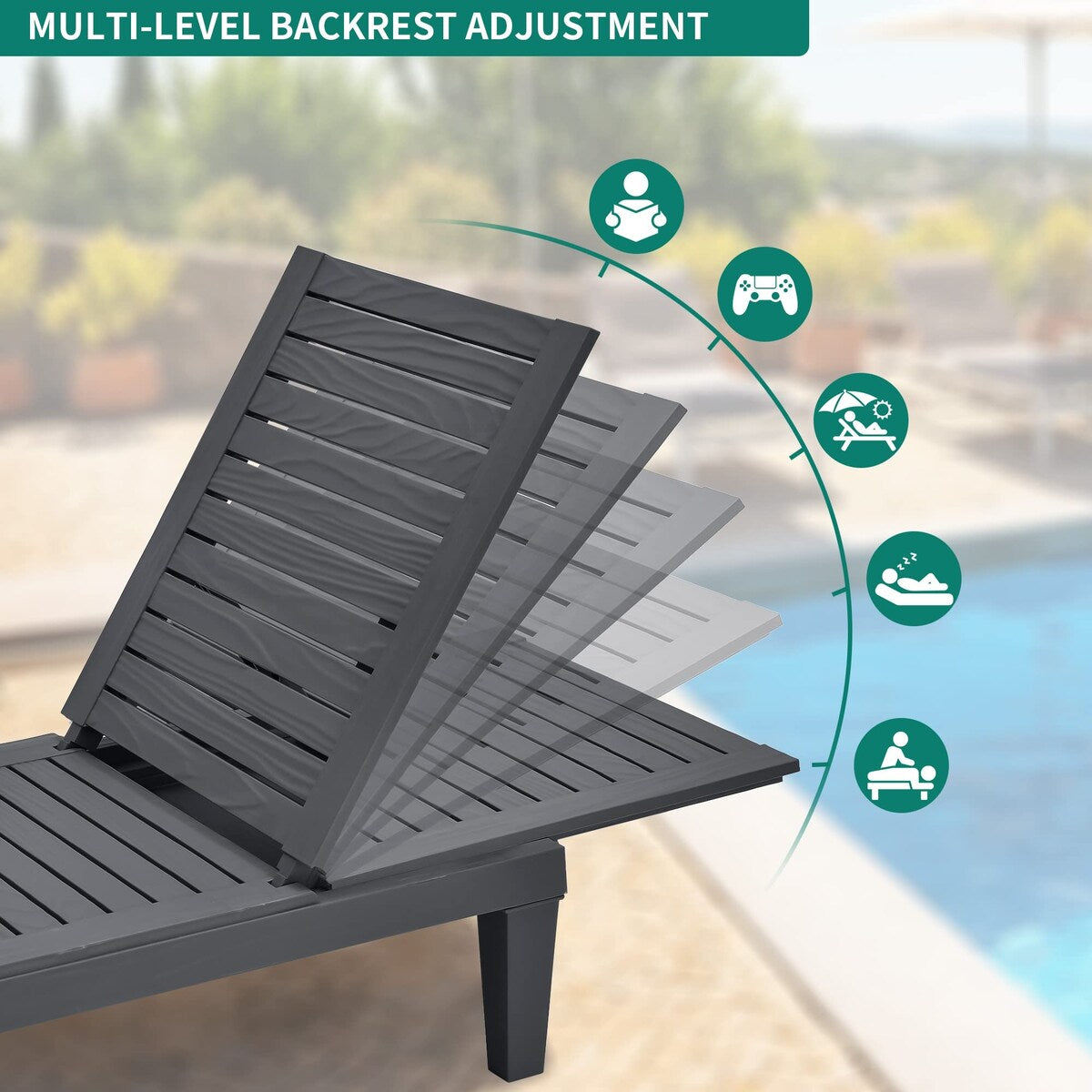 Outdoor Chaise Lounge Chairs Set of 4 with Adjustable Backrest, Sturdy Loungers for Patio & Poolside, 265lbs Weight Capacity