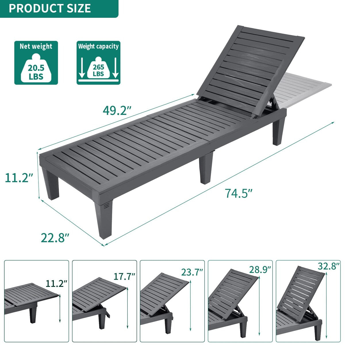 Outdoor Chaise Lounge Chairs Set of 4 with Adjustable Backrest, Sturdy Loungers for Patio & Poolside, 265lbs Weight Capacity