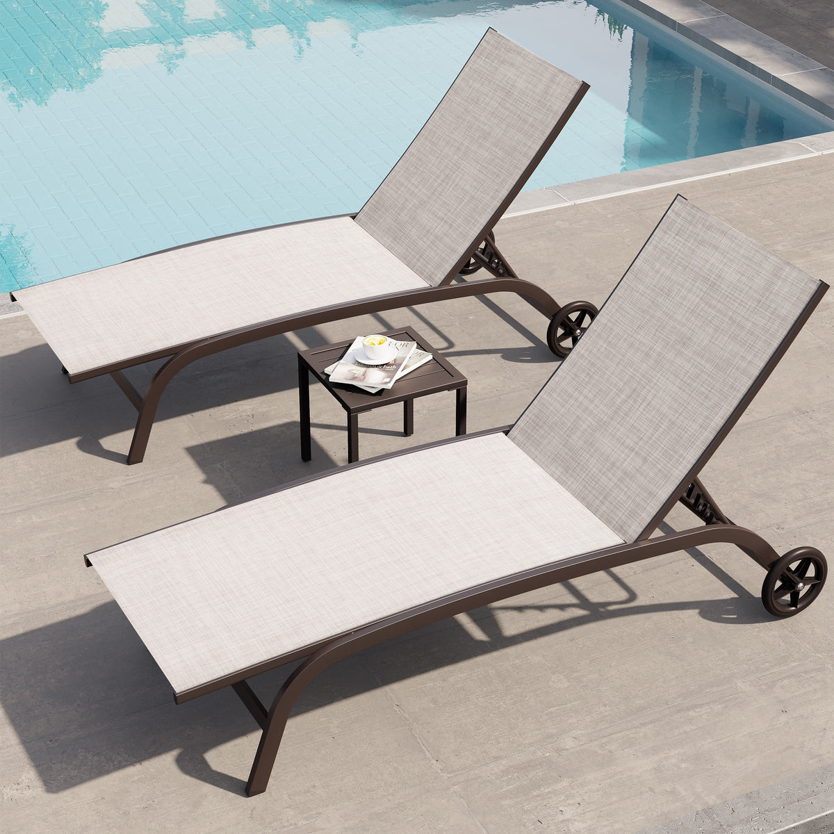 Outdoor Chaise Lounges and Side Table, Patio Lounger with Wheels 3-Pie