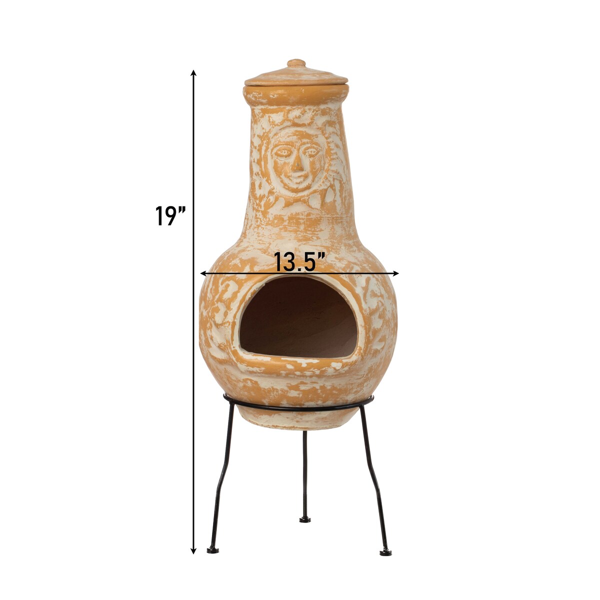 Outdoor Clay Chiminea Fireplace Sun Design Wood Burning Fire Pit with Sturdy Metal Stand, Barbecue, Cocktail Party