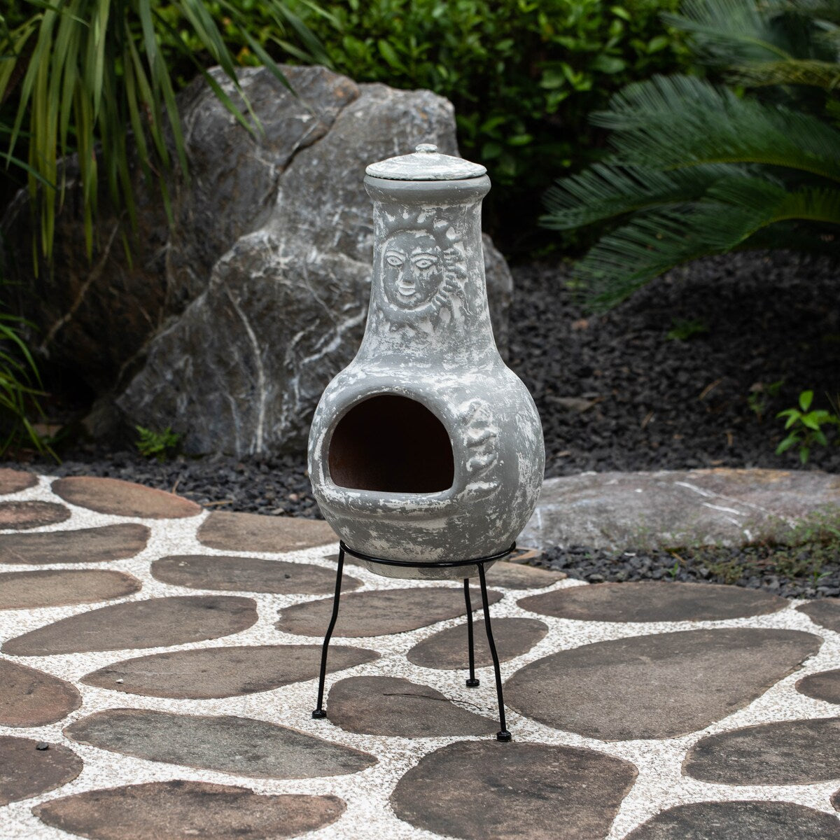 Outdoor Clay Chiminea Fireplace Sun Design Wood Burning Fire Pit with Sturdy Metal Stand, Barbecue, Cocktail Party