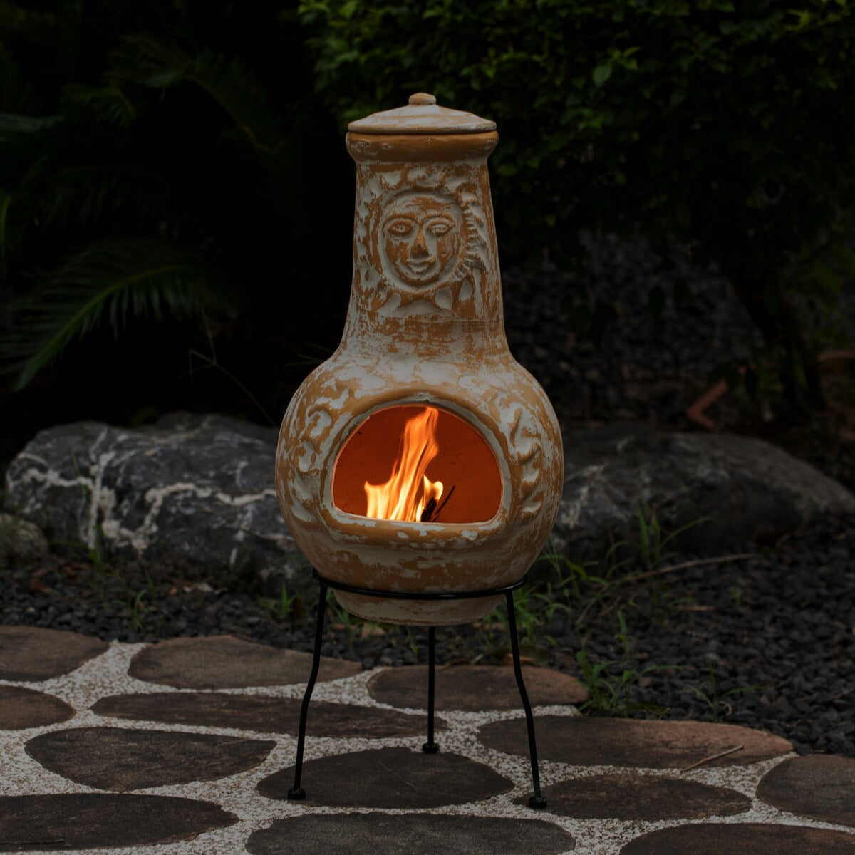 Outdoor Clay Chiminea Fireplace Sun Design Wood Burning Fire Pit with Sturdy Metal Stand, Barbecue, Cocktail Party