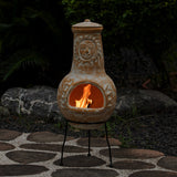 Outdoor Clay Chiminea Fireplace Sun Design Wood Burning Fire Pit with Sturdy Metal Stand, Barbecue, Cocktail Party