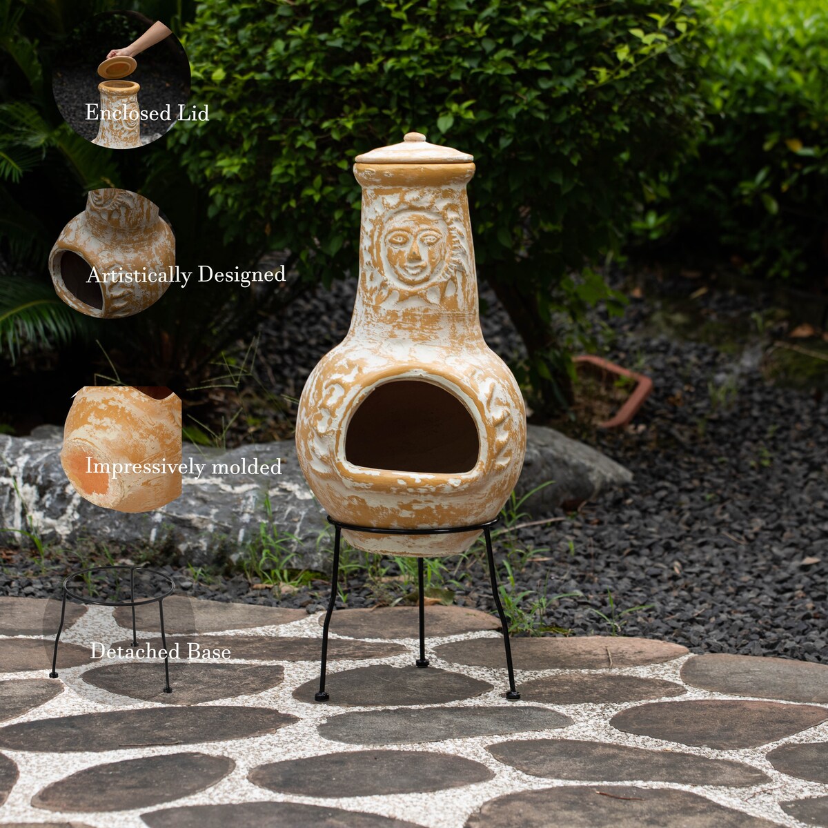 Outdoor Clay Chiminea Fireplace Sun Design Wood Burning Fire Pit with Sturdy Metal Stand, Barbecue, Cocktail Party