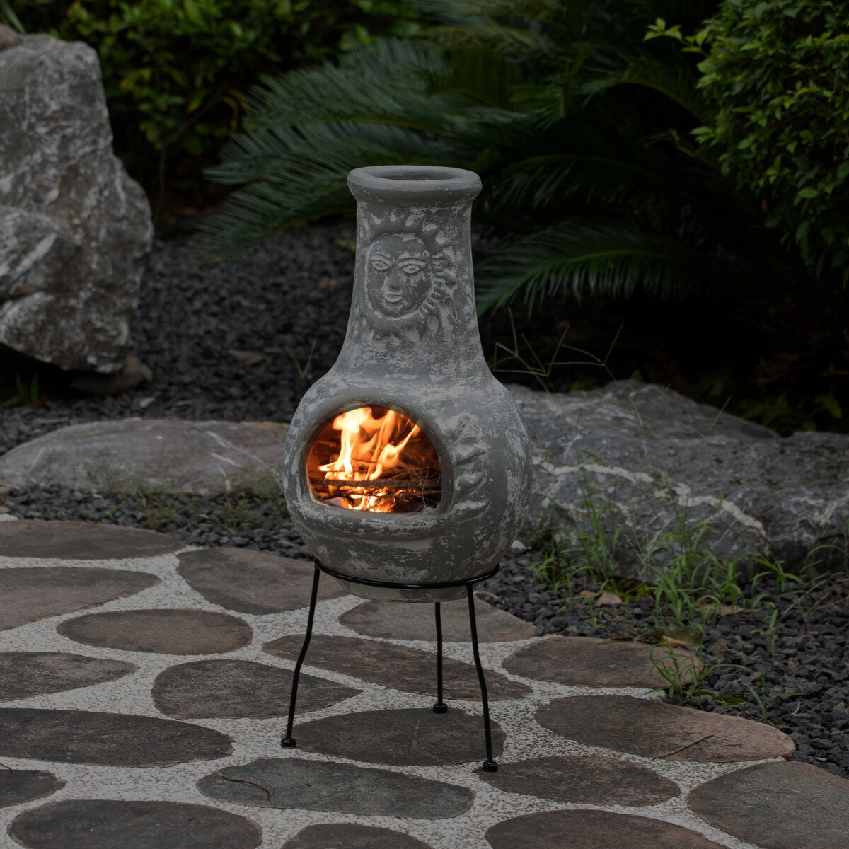 Outdoor Clay Chiminea Fireplace Sun Design Wood Burning Fire Pit with Sturdy Metal Stand, Barbecue, Cocktail Party