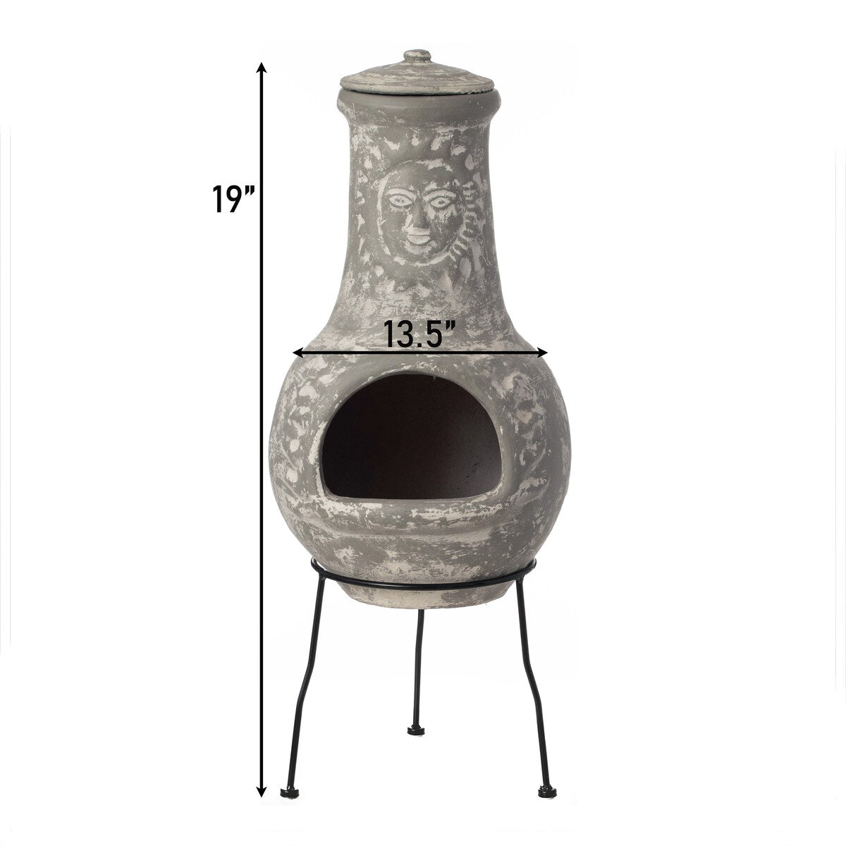 Outdoor Clay Chiminea Fireplace Sun Design Wood Burning Fire Pit with Sturdy Metal Stand, Barbecue, Cocktail Party