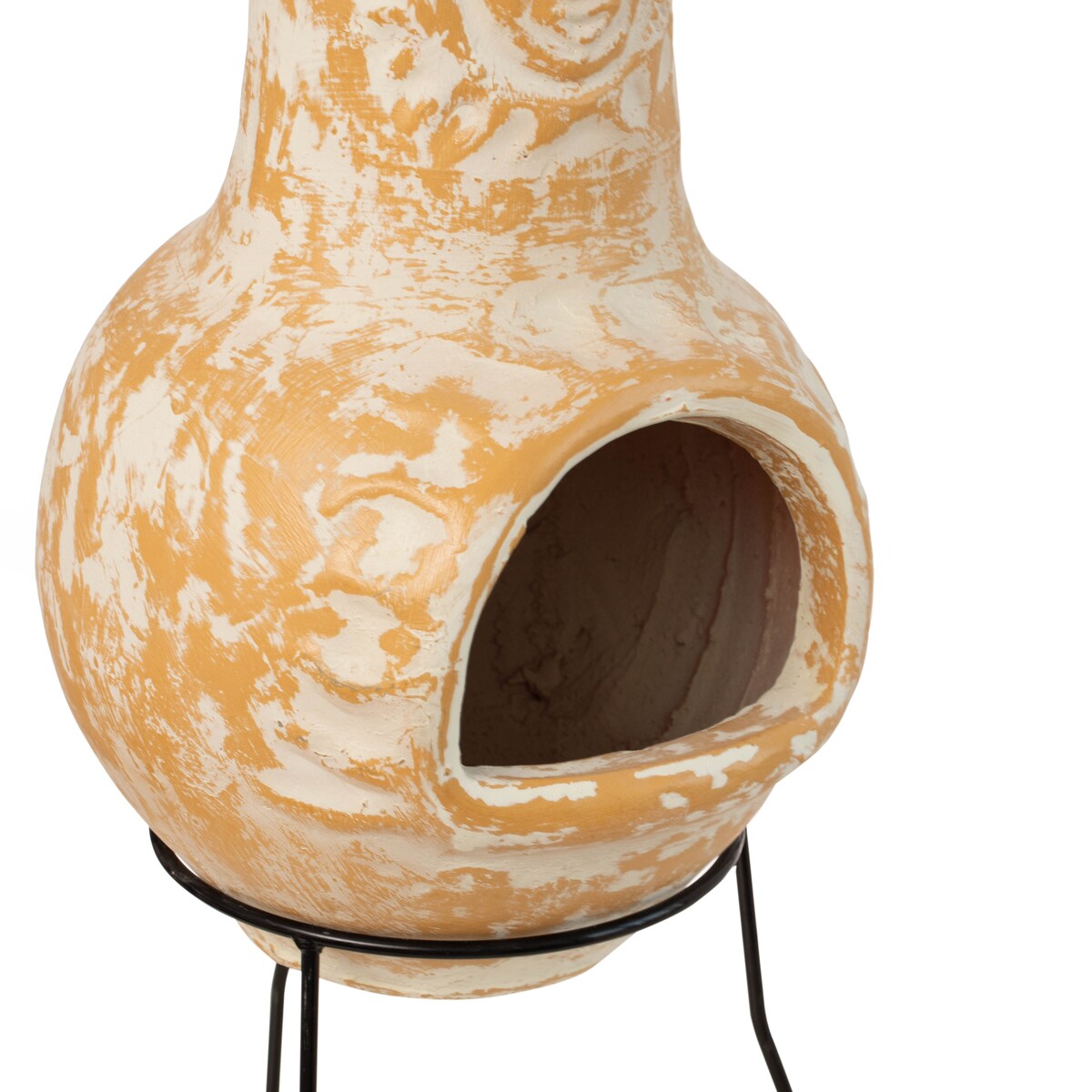 Outdoor Clay Chiminea Fireplace Sun Design Wood Burning Fire Pit with Sturdy Metal Stand, Barbecue, Cocktail Party