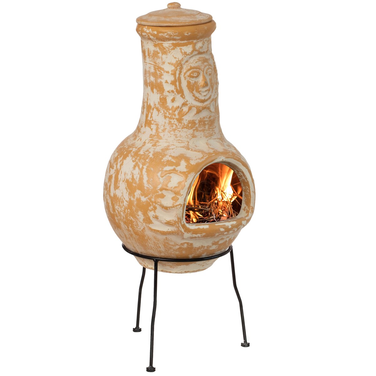 Outdoor Clay Chiminea Fireplace Sun Design Wood Burning Fire Pit with Sturdy Metal Stand, Barbecue, Cocktail Party